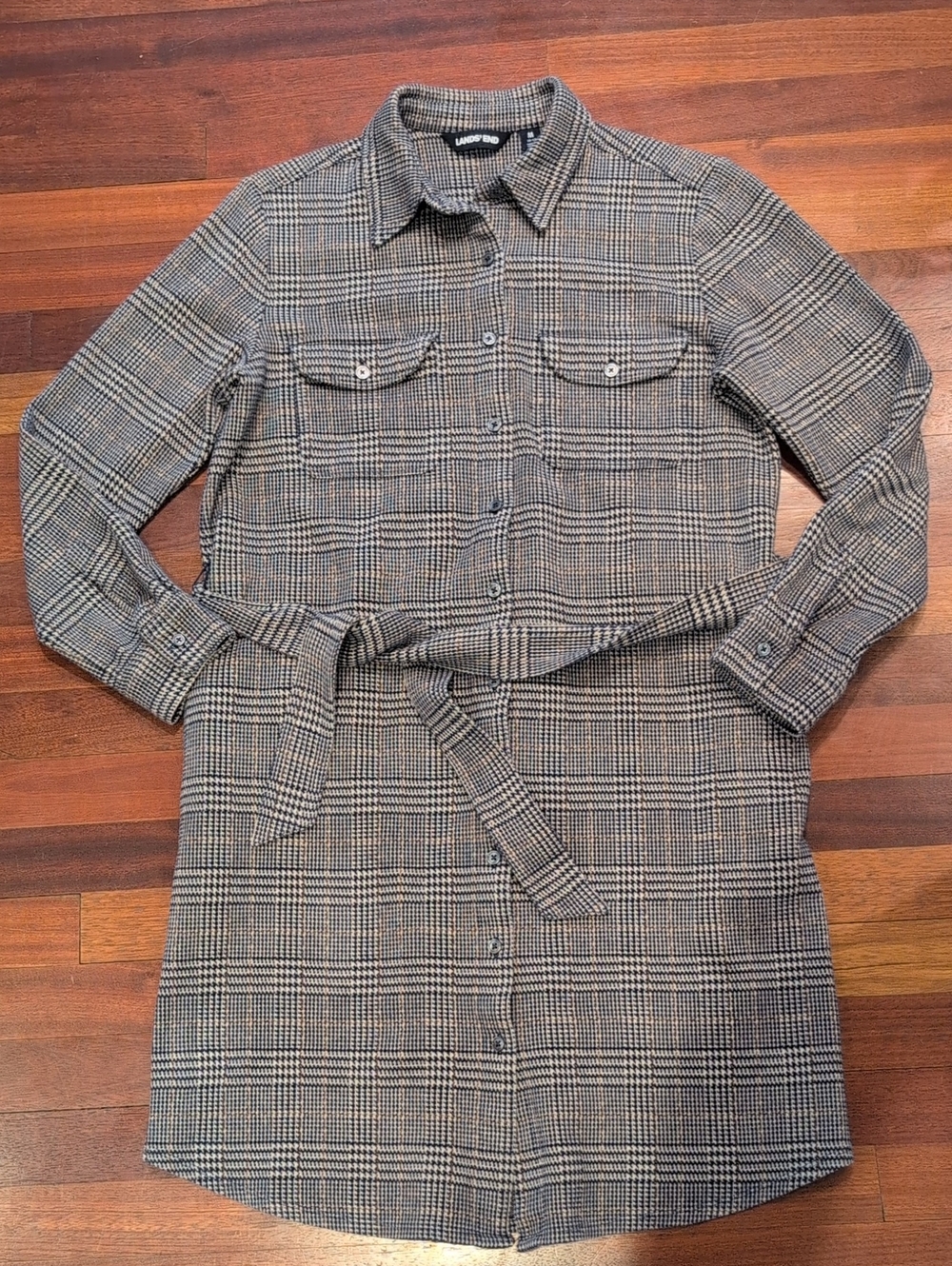 Land's End Plaid Flannel Long Sleeve Dress Blue And Tan
